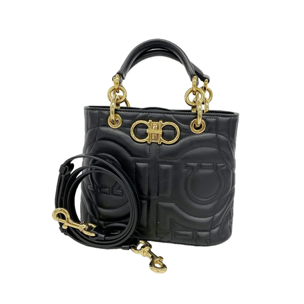 Salvatore Ferragamo Gancini Leather Handbag, Black, 2-way Bag for Women